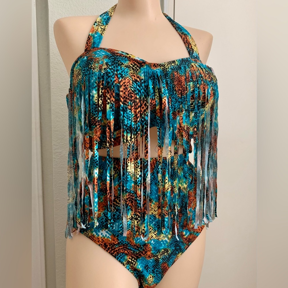 Fringe Halter High-Waist Bikini Set - Turquoise Multi